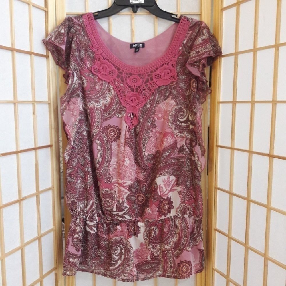 Apt 9 Paisley Peplum Lined Crochet Ruffle Blouse